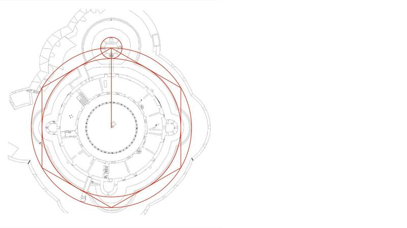 Bellver Castle plan with large circle, inscribed hexagon, and smaller concentric circle