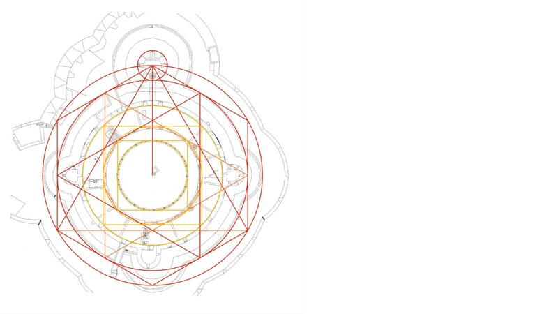 Bellver Castle plan with nested circles and squares related by root-2