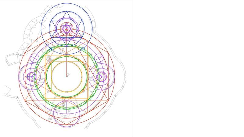 Bellver Castle plan with circle and hexagon constructions locating the three turrets