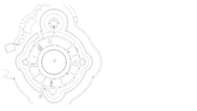 Plan of Bellver Castle in Palma with a circular keep, moat, and three turrets