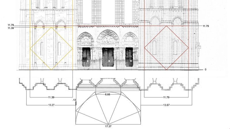 The first story of each tower, measured to the first set of small capitals, i…
