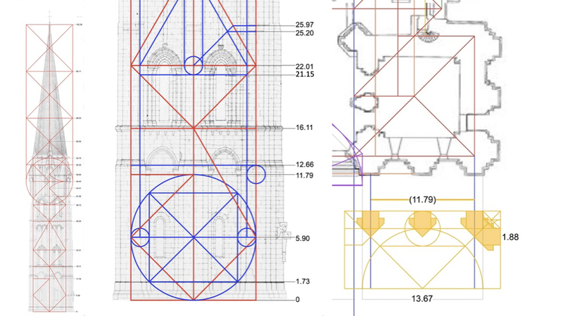 In the lowest tower story, for example, I’ve shown in blue that the arch widt…
