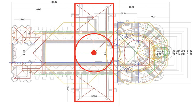 The east-west length of the transept extensions, moreover, equals the span be…
