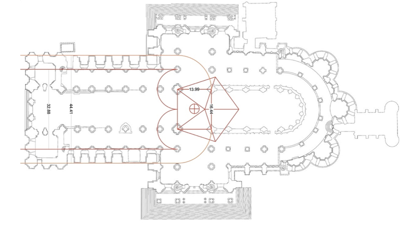 The 44.41m span between the buttress surfaces can be found by unfolding the s…