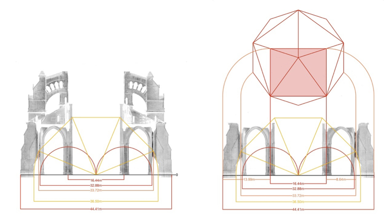 Now, at left, I have made visible the upper nave walls and the massive double…