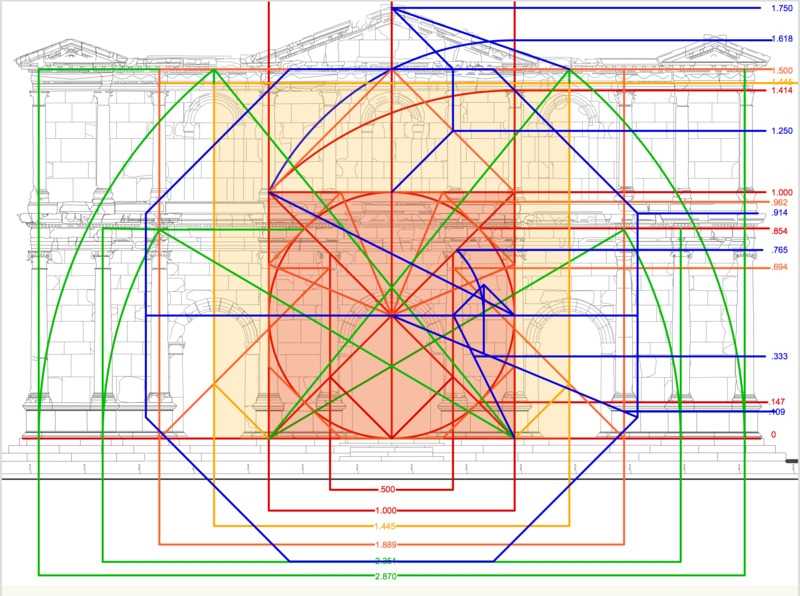 To get the bottom of the lower column bases, extend the rays of octagonal sym…