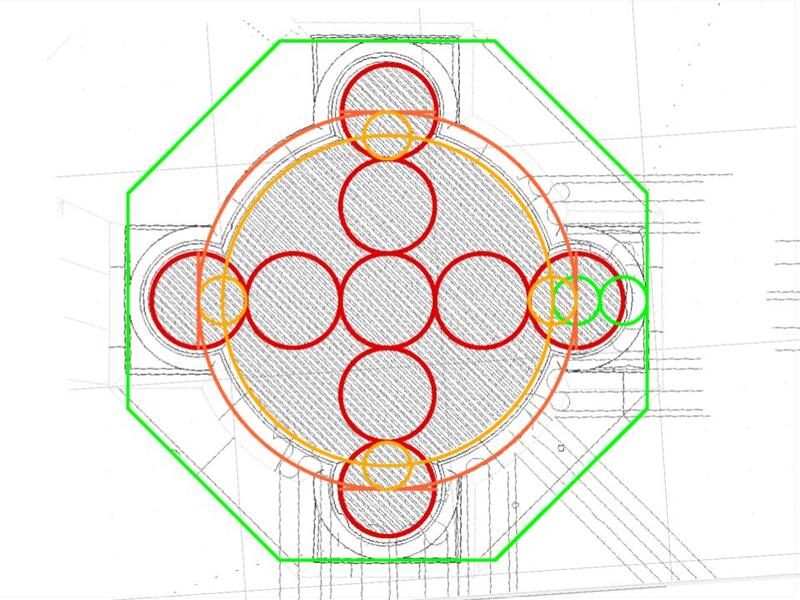 The rectangular blocks beneath the shafts are framed by an octagon whose face…