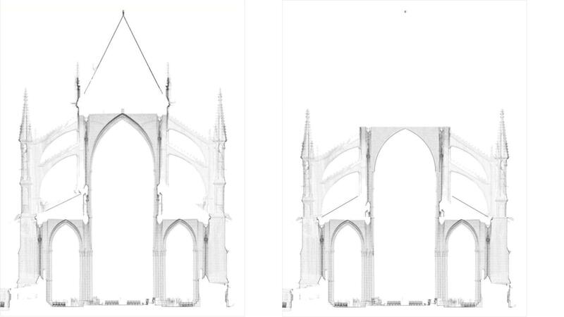 Here the current state of the cathedral is seen at left, contrasted with the…