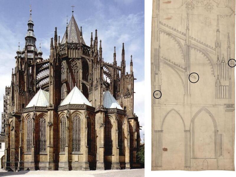 There are three sculptures in the drawing: a mask in the triforium, and two g…
