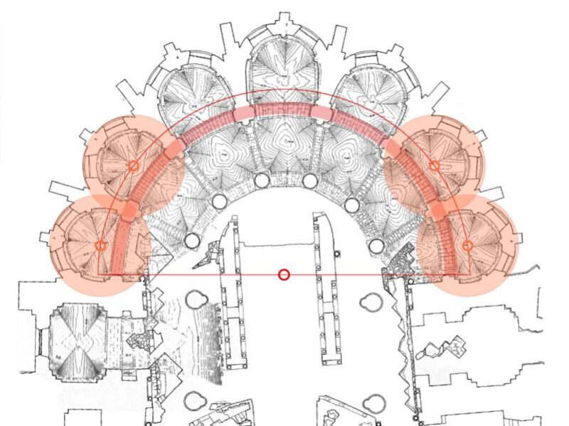 First, I can draw a large semicircle through the centers of the four western…