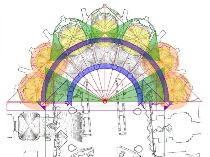 The centers of the large columns at the base of the hemicycle stand two arc w…