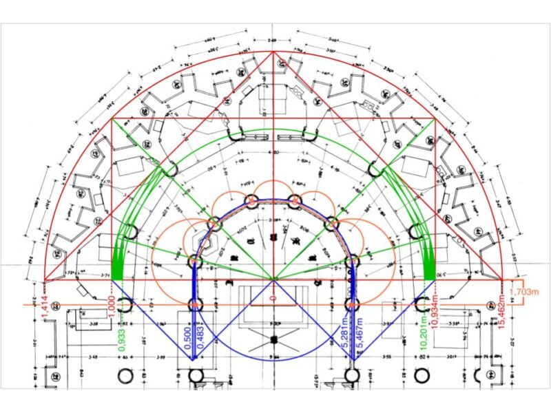 The diameter of the hemicycle equals half the side length of the half-square,…