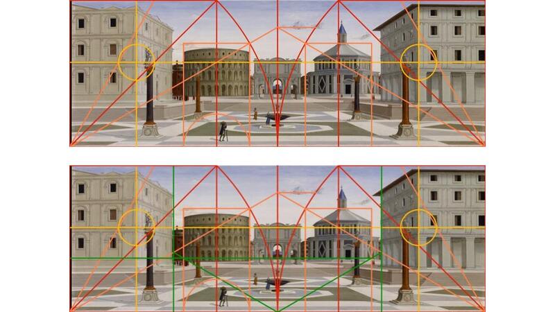 The rear corners of the palaces are exactly halfway between the panel margins…
