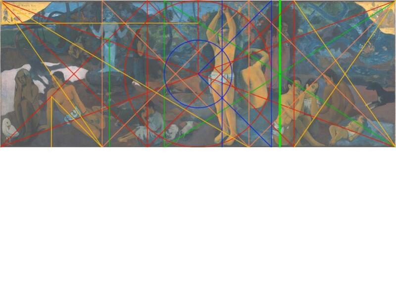 In blue, a circle is drawn at the center of the painting, so that it is tange…