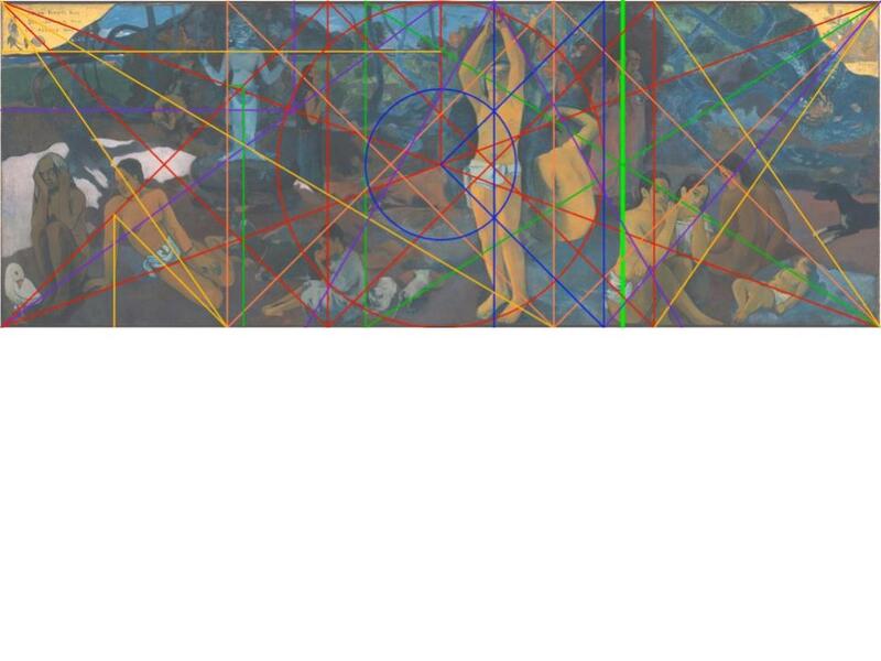 In the left half of the painting, the rising violet diagonal to the top cente…