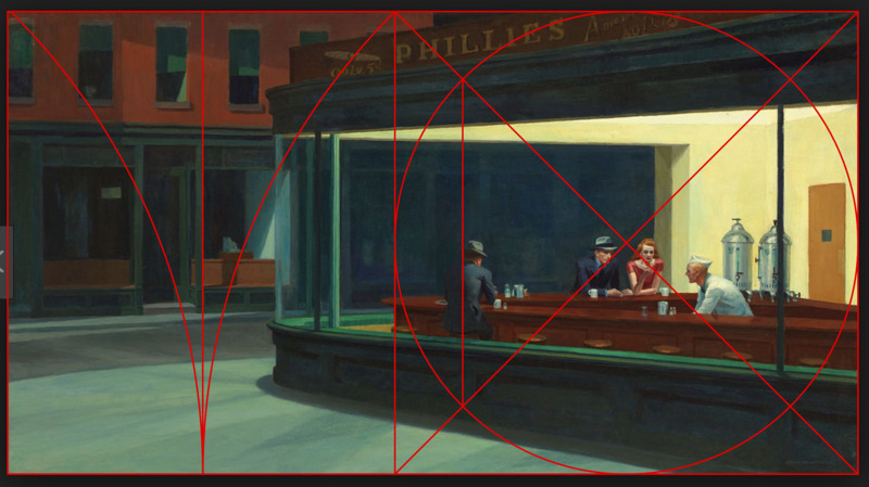 Nighthawks with geometric overlay showing a unit square, diagonal arcs, and an inscribed circle