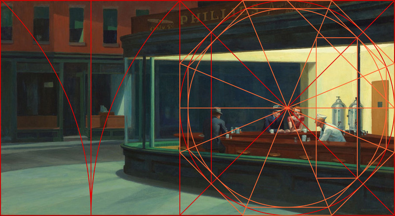 Nighthawks with nested octagon overlays locating figures and architectural details