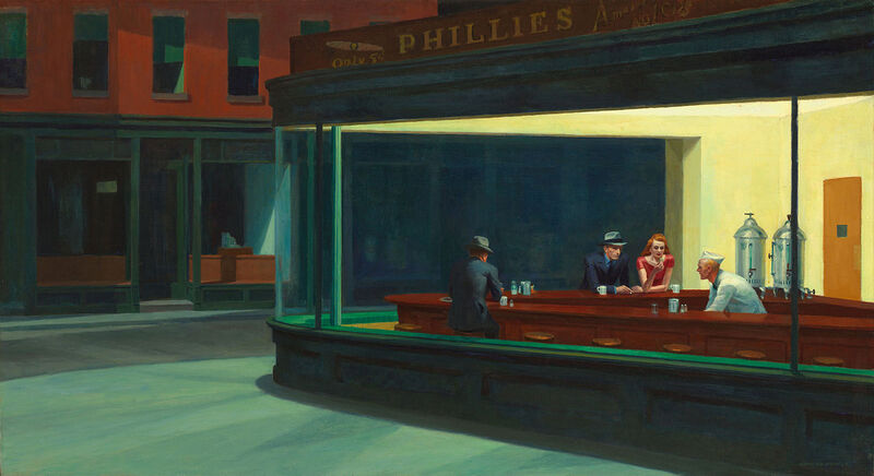 Edward Hopper's Nighthawks, a nighttime diner scene with four figures seen through large glass windows