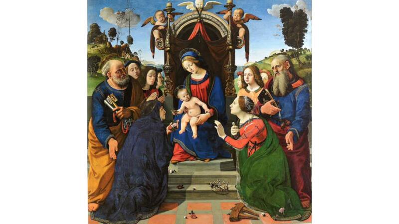 Here is Piero di Cosimo’s depiction of the Virgin and Child adored by saints…
