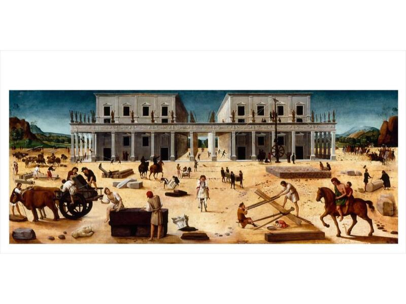 This painting shows the worksite around a palace, with workers in the foregro…