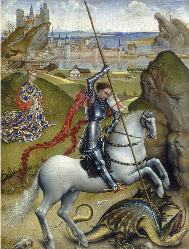 Here is Rogier van der Weyden's painting of Saint George and the Dragon, crea…